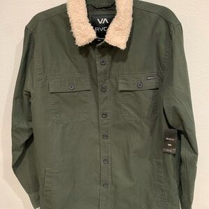 RVCA Olive Green Range Shirt Jacket Shacket Sherpa Collar, Med